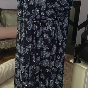 London Times long dress, criss-cross midriff, paisley blues. Size 12. Tall woman